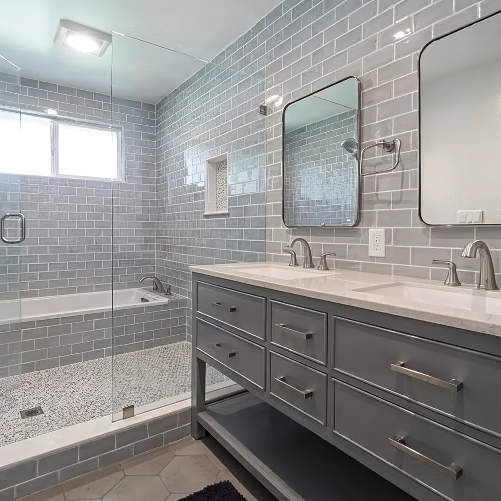 Spa-inspired bathroom remodel with gray subway tile and dual vanity
