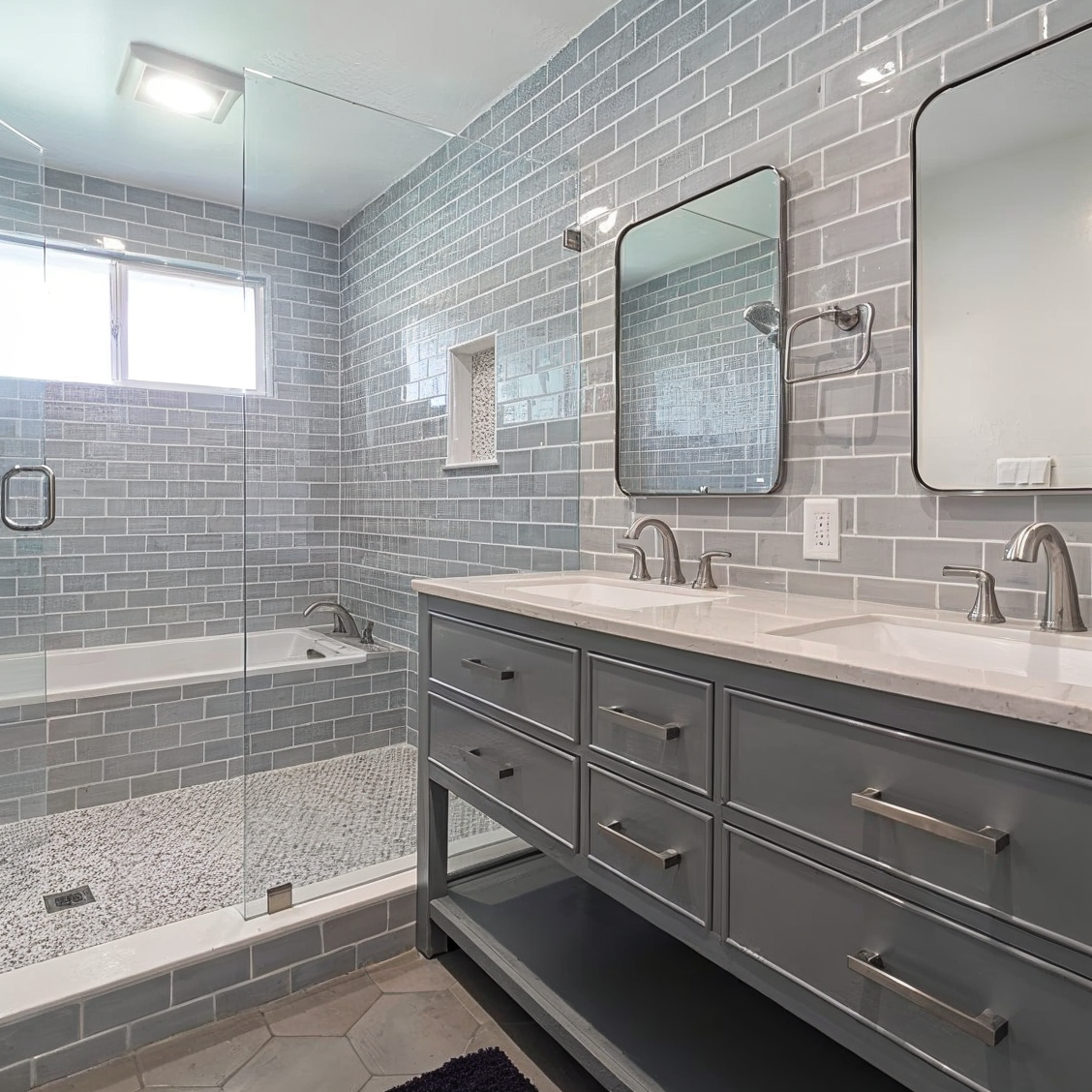 Spa-inspired bathroom remodel with gray subway tile and dual vanity